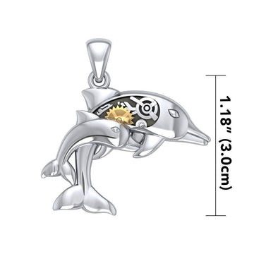 Gentle dolphins in steampunk Sterling Silver with 14K Gold Accent Pendant MPD3929
